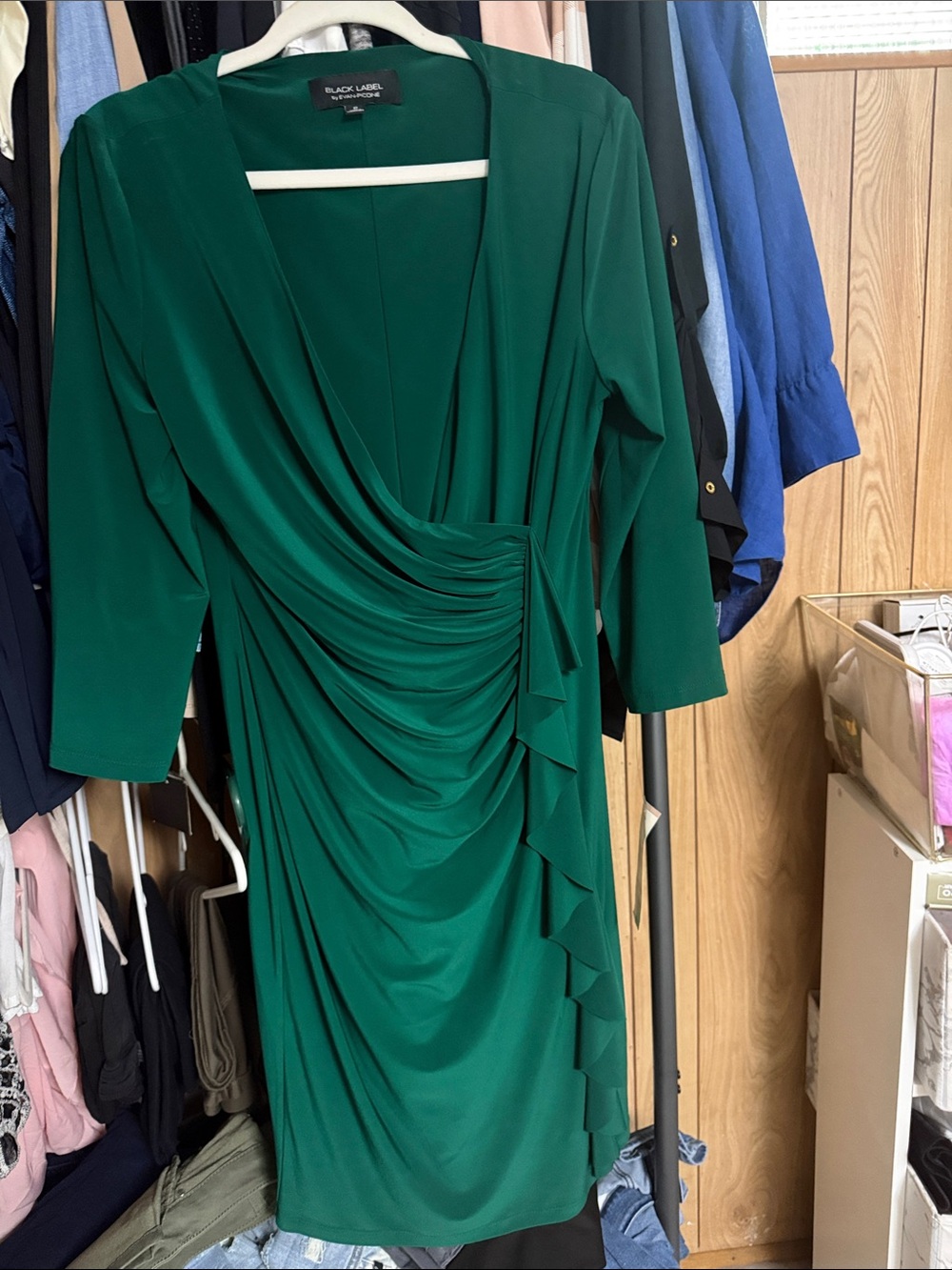 Black Label Deep Emerald Draped Ruffle Midi Dress